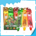 Caramelo líquido de mermelada de fruta de tres colores con sabor a fresa, manzana y naranja. 