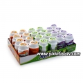 Chicle de tres sabores de frutas en envase embotellado 